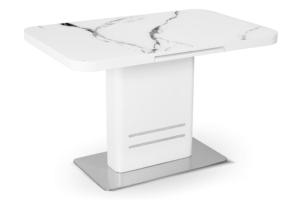 Стол лакированный обеденный раскладной SWEDEN – Прямоугольный AERO, цвет матовое стекло - цвет мрамор, белый лак, размер 120 (+40)