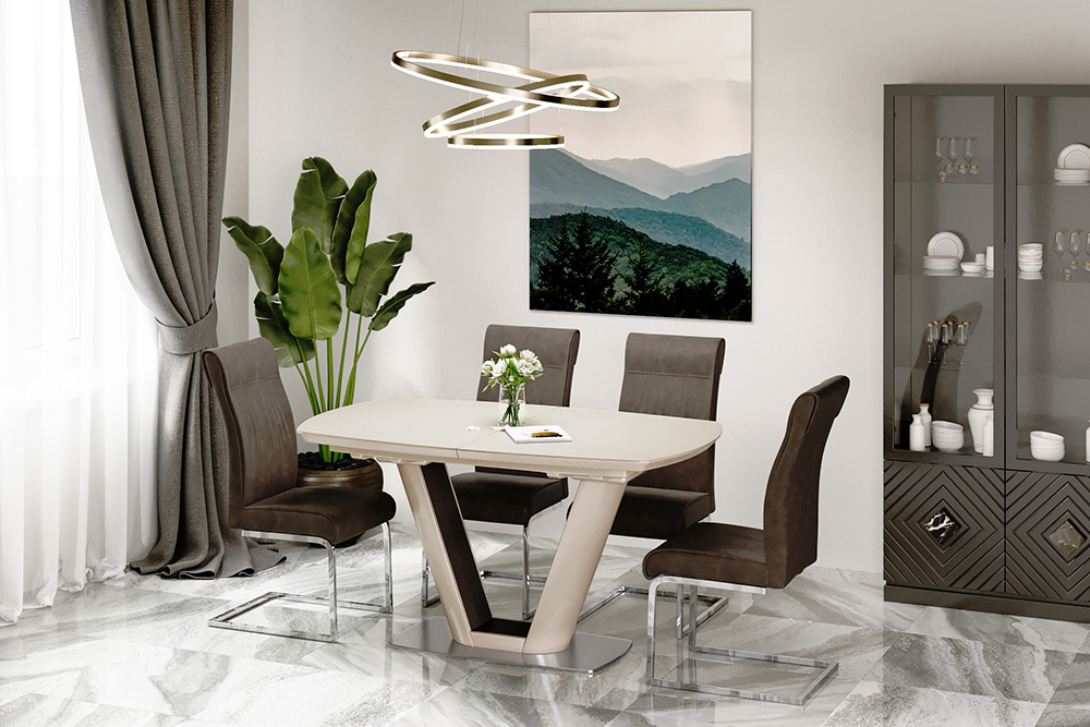 Стол лакированный обеденный раскладной MIAMI – Прямоугольный AERO, цвет лак - цвет крем, стекло крем шелк, размер 140 (+45) 21499 - фото 2